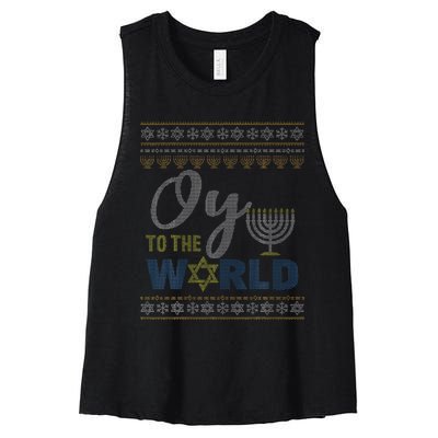 Oy To The World Funny Ugly Hanukkah Sweater Jewish Chanukah  Women's Racerback Cropped Tank