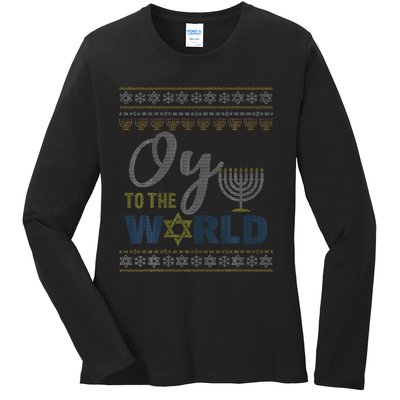 Oy To The World Funny Ugly Hanukkah Sweater Jewish Chanukah  Ladies Long Sleeve Shirt