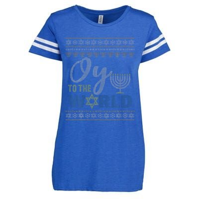 Oy To The World Funny Ugly Hanukkah Sweater Jewish Chanukah  Enza Ladies Jersey Football T-Shirt