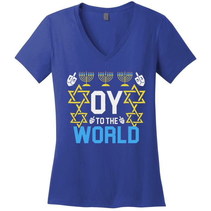 Oy To The World Hanukkah Jewish Women's V-Neck T-Shirt