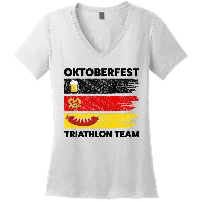 Oktoberfest Triathlon Team Beer Pretzel Wurst German Flag Women's V-Neck T-Shirt