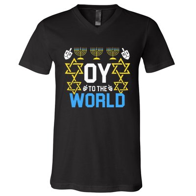 Oy to the World Hanukkah Funny Jewish V-Neck T-Shirt