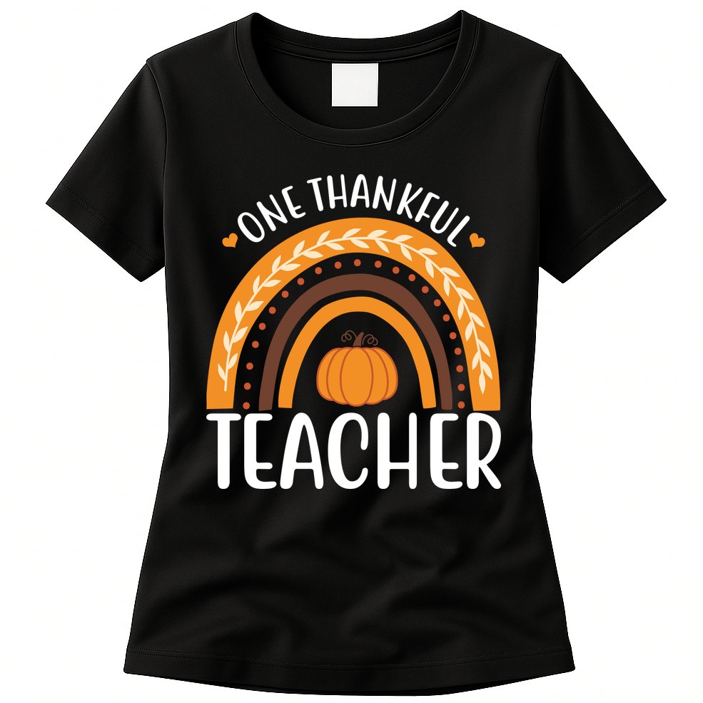 One Thankful Teacher Rainbow Pumpkin Thanksgiving Womens T-Shirt