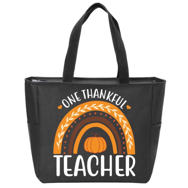One Thankful Teacher Rainbow Pumpkin Thanksgiving Zip Tote Bag
