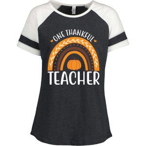 One Thankful Teacher Rainbow Pumpkin Thanksgiving Enza Ladies Jersey Colorblock Tee