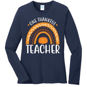 One Thankful Teacher Rainbow Pumpkin Thanksgiving Ladies Long Sleeve Shirt