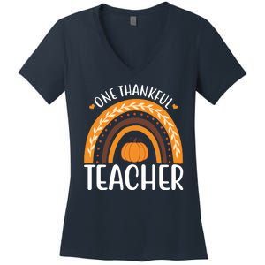 One Thankful Teacher Rainbow Pumpkin Thanksgiving Women's V-Neck T-Shirt