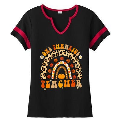 One Thankful Teacher Thanksgiving Rainbow Leopard Fall Ladies Halftime Notch Neck Tee