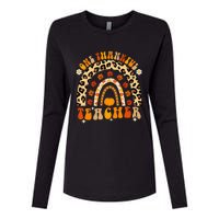 One Thankful Teacher Thanksgiving Rainbow Leopard Fall Womens Cotton Relaxed Long Sleeve T-Shirt