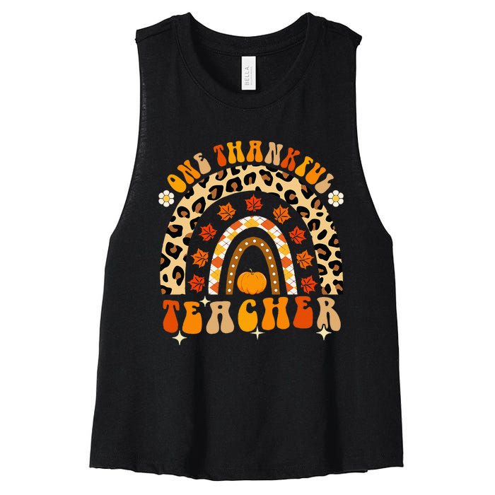 One Thankful Teacher Thanksgiving Rainbow Leopard Fall Women's Racerback Cropped Tank