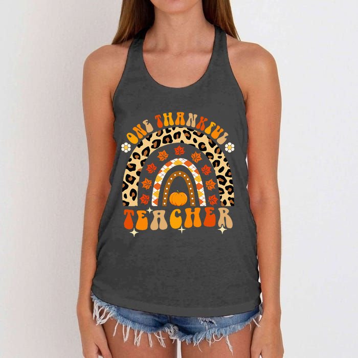 One Thankful Teacher Thanksgiving Rainbow Leopard Fall Women's Knotted Racerback Tank