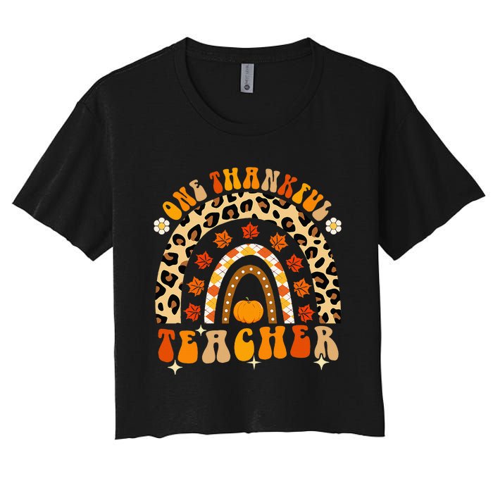 One Thankful Teacher Thanksgiving Rainbow Leopard Fall Women's Crop Top Tee