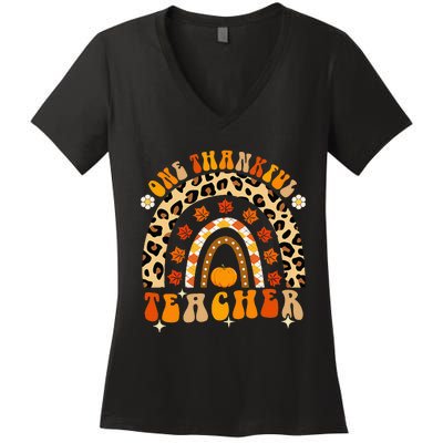 One Thankful Teacher Thanksgiving Rainbow Leopard Fall Women's V-Neck T-Shirt