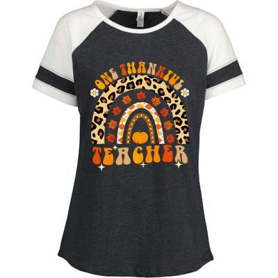 One Thankful Teacher Thanksgiving Rainbow Leopard Fall Enza Ladies Jersey Colorblock Tee