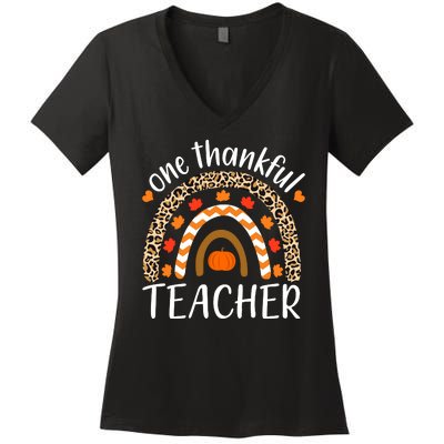 One Thankful Teacher, Autumn Fall Leopard Design Women's V-Neck T-Shirt