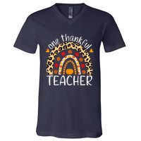 One Thankful Teacher Thanksgiving Rainbow Leopard Fall V-Neck T-Shirt