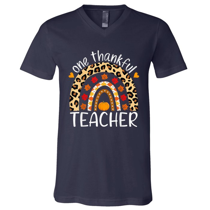 One Thankful Teacher Thanksgiving Rainbow Leopard Fall V-Neck T-Shirt