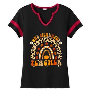 One Thankful Teacher Thanksgiving Rainbow Leopard Fall Ladies Halftime Notch Neck Tee