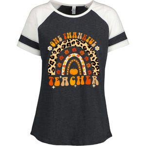 One Thankful Teacher Thanksgiving Rainbow Leopard Fall Enza Ladies Jersey Colorblock Tee