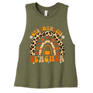 One Thankful Teacher Thanksgiving Rainbow Leopard Fall Women's Racerback Cropped Tank