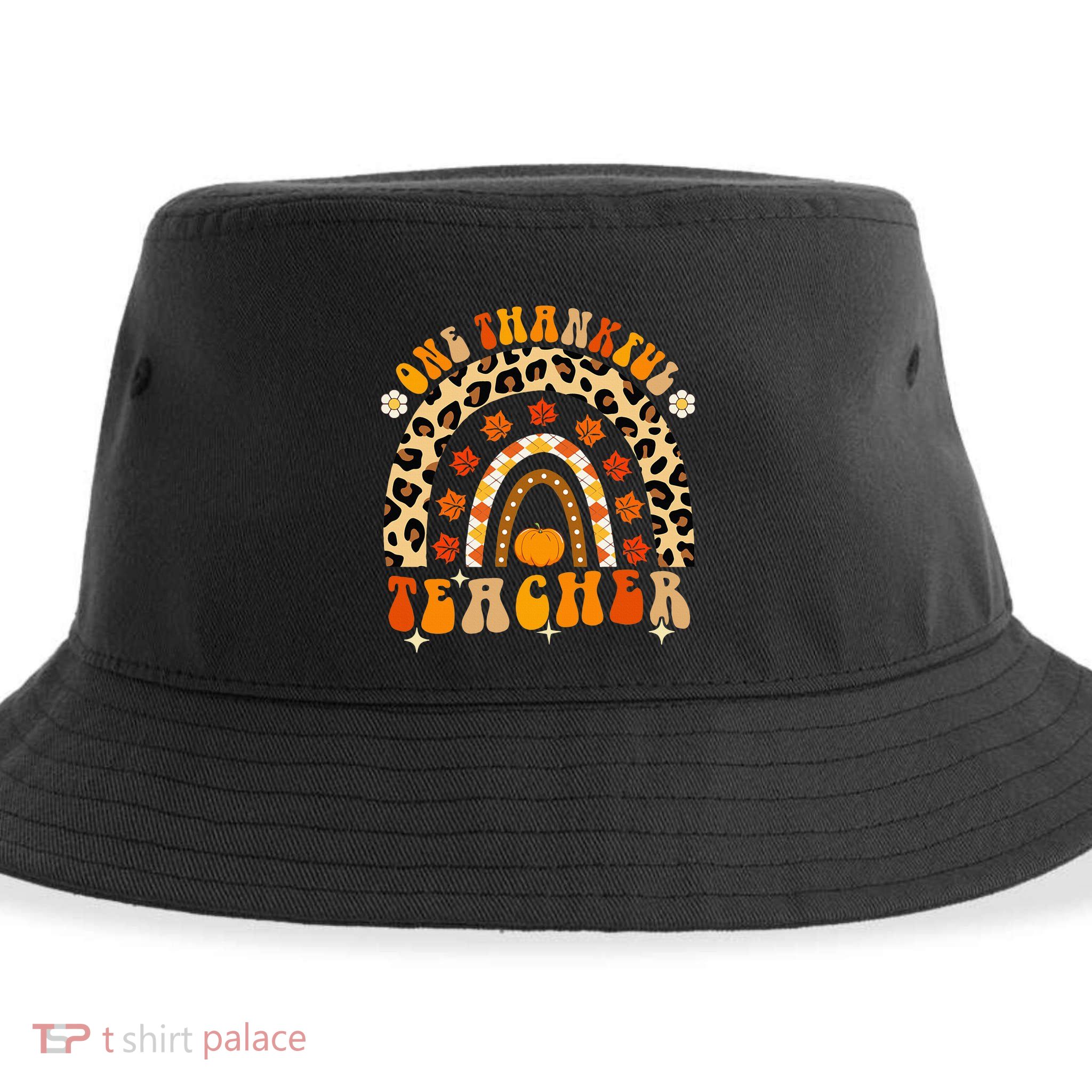 One Thankful Teacher Thanksgiving Rainbow Leopard Fall Sustainable Bucket Hat