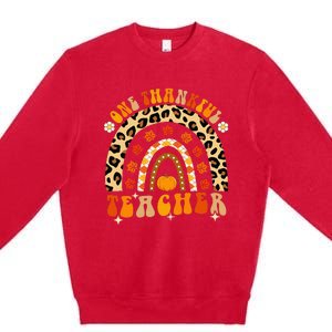 One Thankful Teacher Thanksgiving Rainbow Leopard Fall Premium Crewneck Sweatshirt