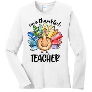 One Thankful Teacher Thanksgiving Turkey Cute Pencil Ladies Long Sleeve Shirt