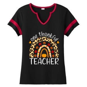 One Thankful Teacher Rainbow Leopard Teachers Thanksgiving Ladies Halftime Notch Neck Tee