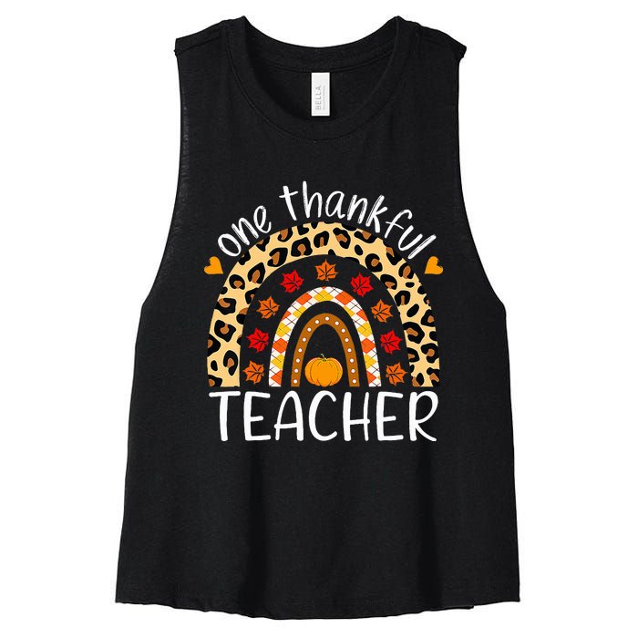 One Thankful Teacher Rainbow Leopard Teachers Thanksgiving Women's Racerback Cropped Tank