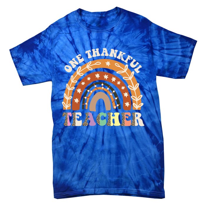 One Thankful Teacher Leopard Rainbow Pumpkin Thanksgiving Gift Tie-Dye T-Shirt