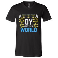 Oy To The World Hanukkah Funny Jewish V-Neck T-Shirt