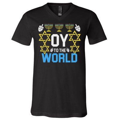 Oy To The World Hanukkah Funny Jewish V-Neck T-Shirt