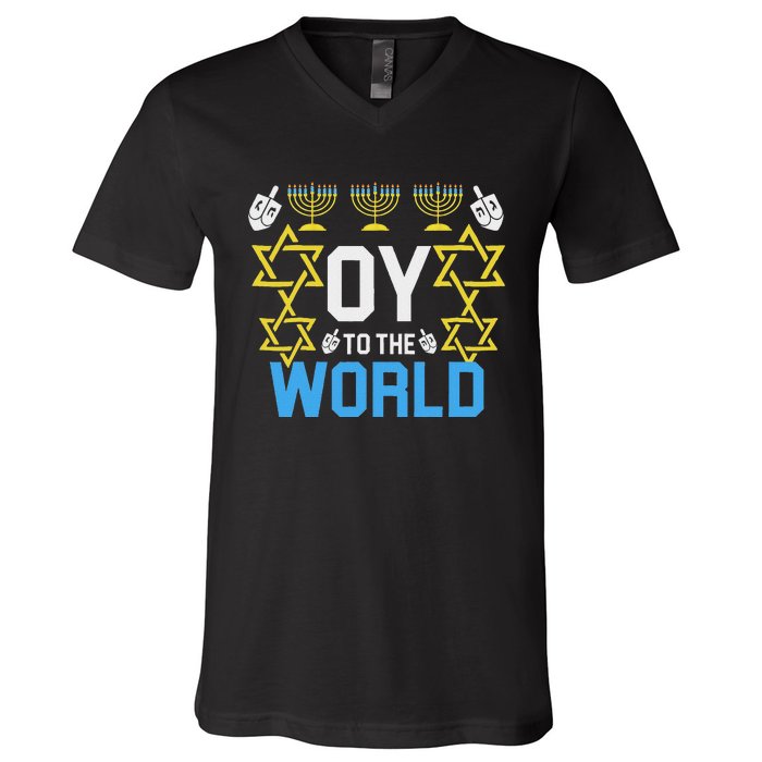 Oy To The World Hanukkah Funny Jewish V-Neck T-Shirt