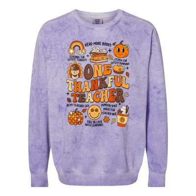 One Thankful Teacher Retro Groovy Fall Teachers Thanksgiving Day Gift Colorblast Crewneck Sweatshirt