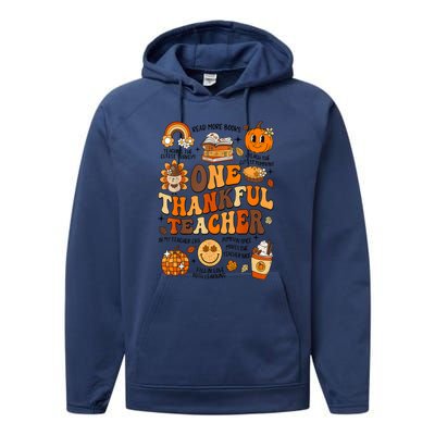 One Thankful Teacher Retro Groovy Fall Teachers Thanksgiving Day Gift Performance Fleece Hoodie