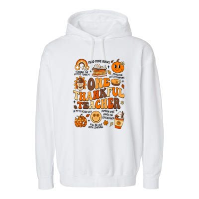 One Thankful Teacher Retro Groovy Fall Teachers Thanksgiving Day Gift Garment-Dyed Fleece Hoodie