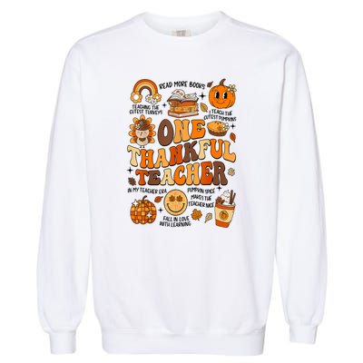 One Thankful Teacher Retro Groovy Fall Teachers Thanksgiving Day Gift Garment-Dyed Sweatshirt