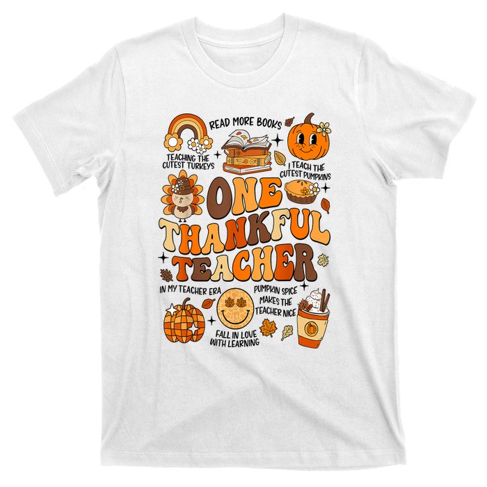 One Thankful Teacher Retro Groovy Fall Teachers Thanksgiving Day Gift T-Shirt