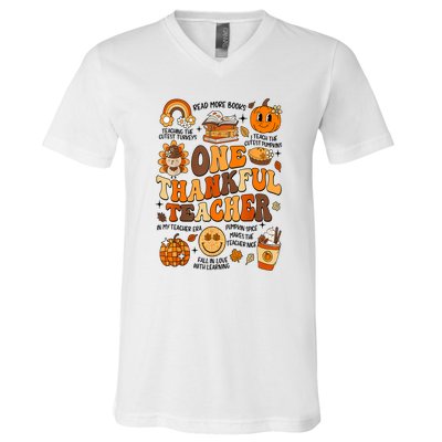 One Thankful Teacher Retro Groovy Fall Teachers Thanksgiving Day Gift V-Neck T-Shirt