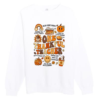 One Thankful Teacher Retro Groovy Fall Teachers Thanksgiving Day Gift Premium Crewneck Sweatshirt