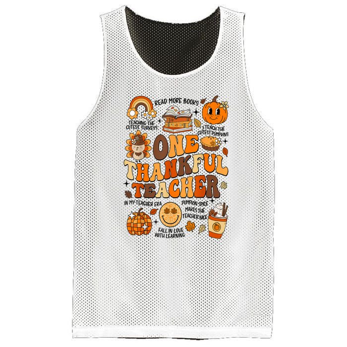 One Thankful Teacher Retro Groovy Fall Teachers Thanksgiving Day Gift Mesh Reversible Basketball Jersey Tank