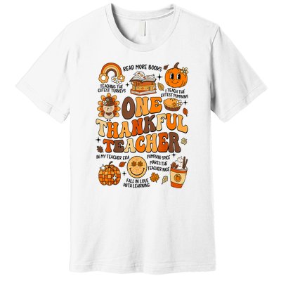 One Thankful Teacher Retro Groovy Fall Teachers Thanksgiving Day Gift Premium T-Shirt