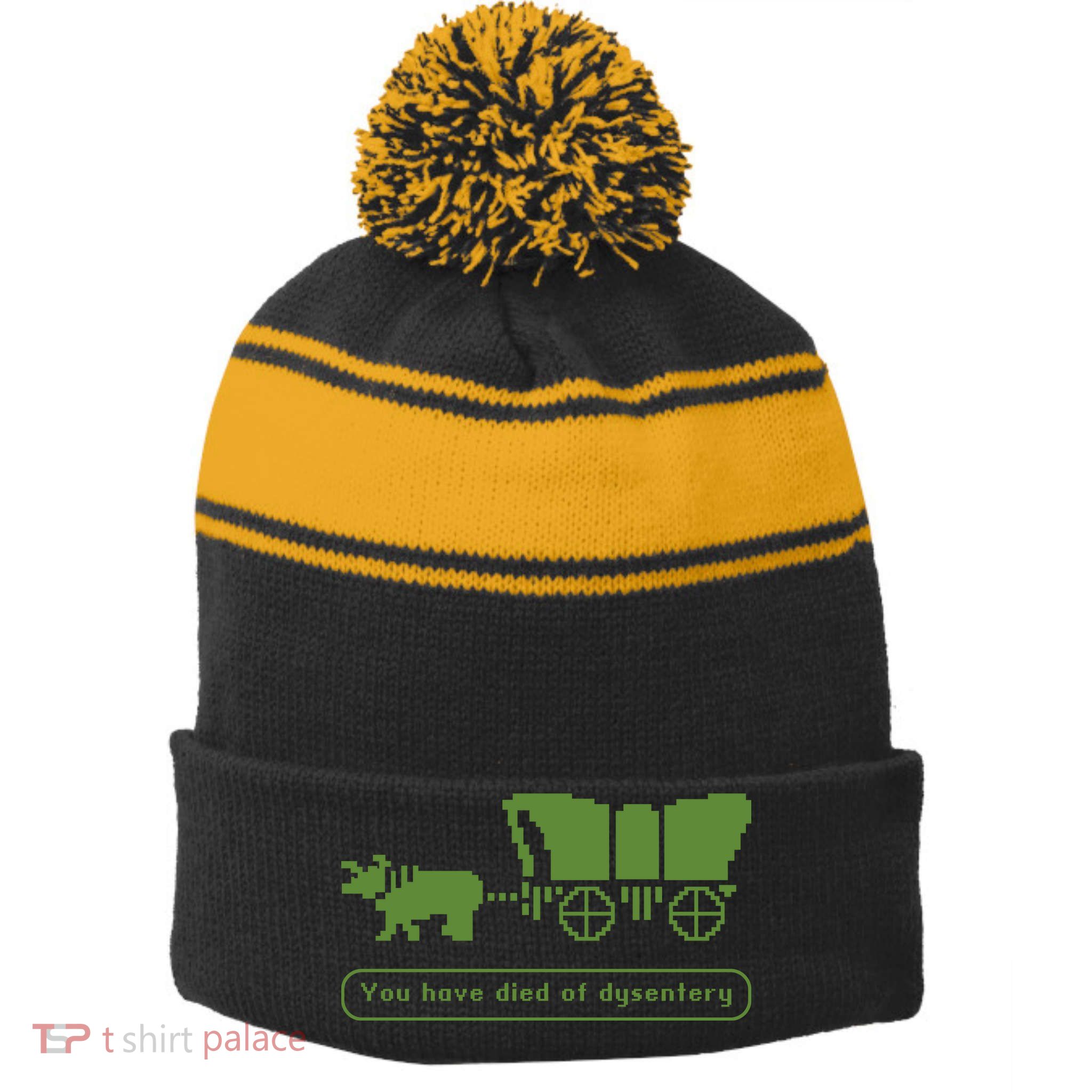 Oregon Trail T Shirt You Have Died Of Dysentery 8Bit Video Game 1865 Stripe Pom Pom Beanie