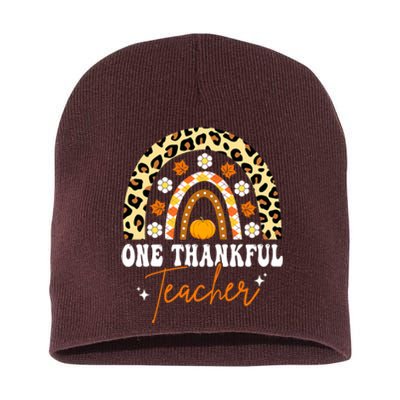 One Thankful Teacher Thanksgiving Fall Autumn Groovy Leopard Short Acrylic Beanie