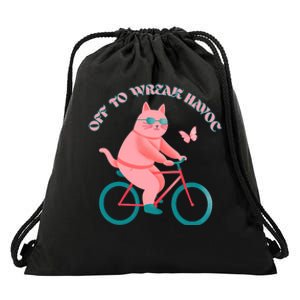 Off To Wreak Havoc Funny Cat Drawstring Bag