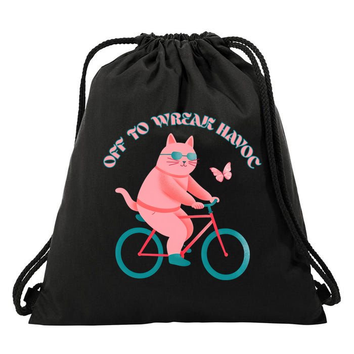 Off To Wreak Havoc Funny Cat Drawstring Bag