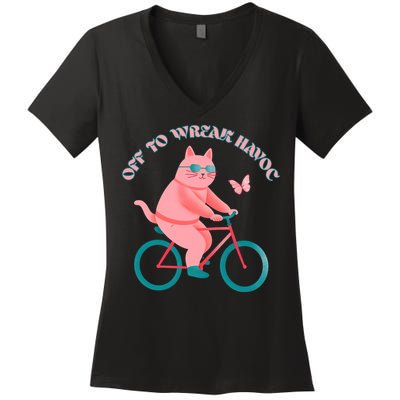 Off To Wreak Havoc Funny Cat Women's V-Neck T-Shirt