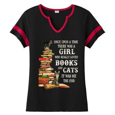 Once Upon A Time A Girl Really Loved Books And Cats Ladies Halftime Notch Neck Tee