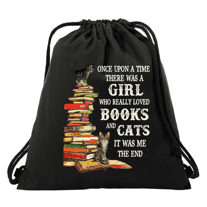 Once Upon A Time A Girl Really Loved Books And Cats Drawstring Bag