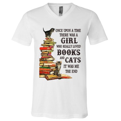 Once Upon A Time A Girl Really Loved Books And Cats V-Neck T-Shirt